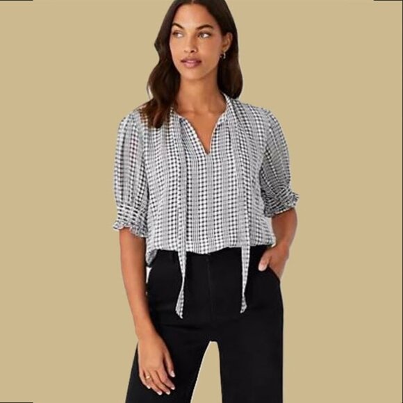 New ANN TAYLOR Plaid Puff Sleeve Blouse Size L - Picture 1 of 5